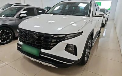 Full shot of a 2024 Hyundai Tucson SUV, a used car for sale with gasoline power, 2WD drive, and detailed price and specifications guide.